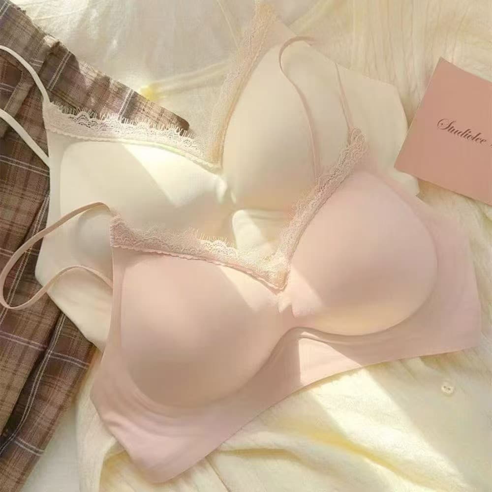 Lace Seamless Underwear for Women with Small Breasts, Push-Up Spaghetti Straps, External Expansion, Comic Breast Fixed Cup, Small Breasts, Large Bra