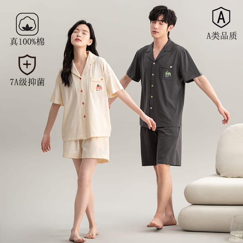 Class A Antibacterial Couple Pajamas Summer Cotton Short Sleeve Sweet Cute Women Cartoon Cardigan Sleepwear Men