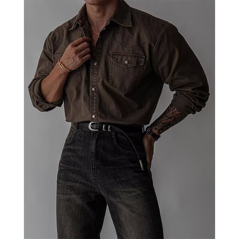 Retro workwear style long-sleeved shirt for men 2026 spring new loose casual shirt Korean men's brown top