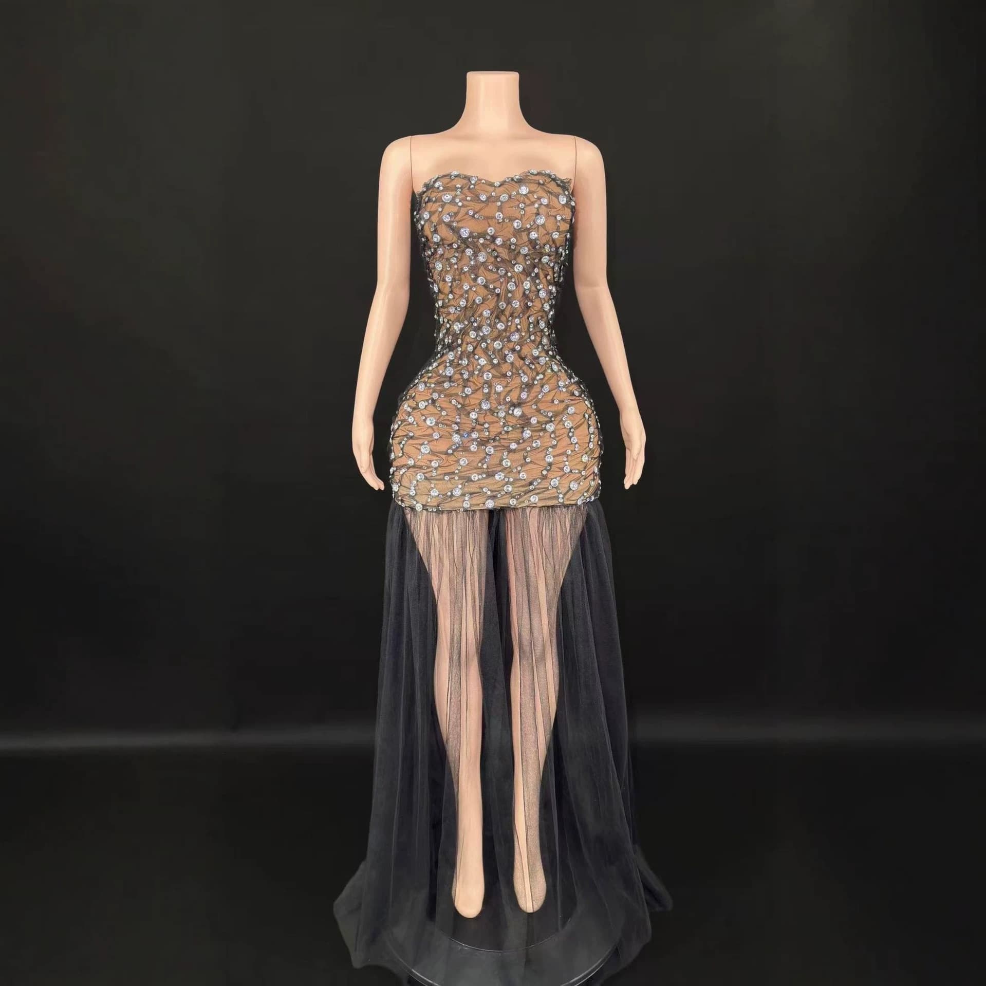 Prom Dress Evening Gown Mesh Design European and American Style Bodycon Dress Sexy Strapless Fitted Gown