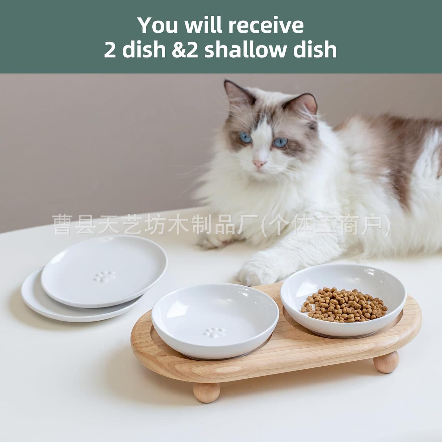 Creative wooden cat bowl rack, pet supplies high-leg tilt protection cervical vertebrae drinking rack wooden cat feeding rack