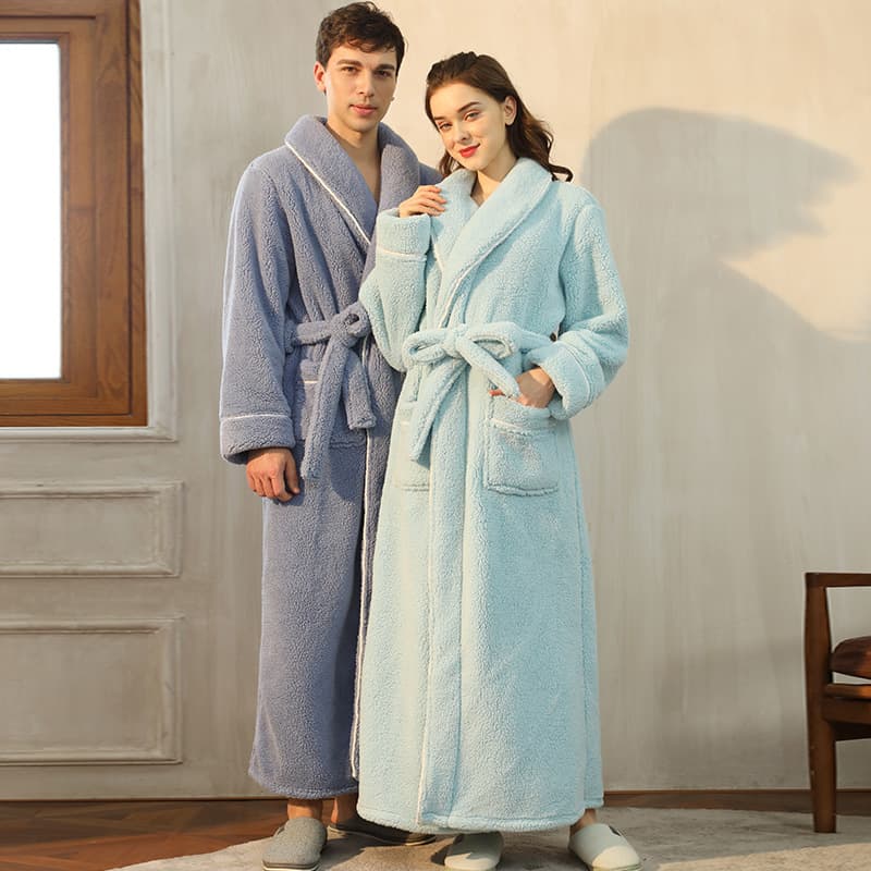 Couple's Thickened Long Fleece Robe Coral Velvet Winter Bathrobe Men's Plus Size Sleepwear Soft Plush Home Clothes for Autumn