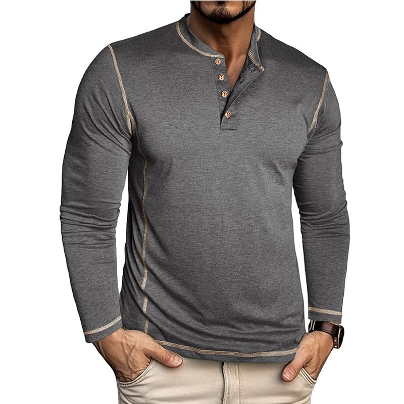 New Men's Long Sleeve Henley Shirt for Cross-Border Amazon, Foreign Trade European and American Men's Color-Block T-Shirt Undershirt Henley