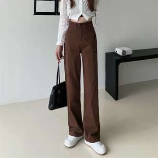 Brown Jeans Women 2026 New Autumn Winter Straight Loose Wide Leg Pants High Waist Slimming Dad Jeans Trendy