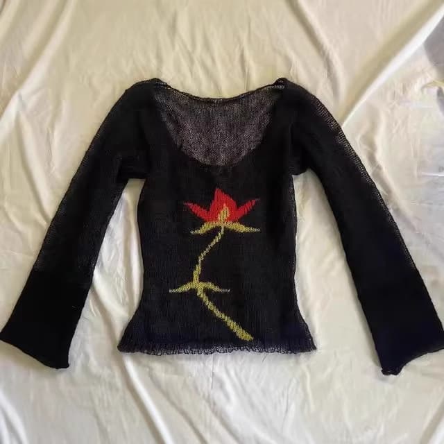 European and American Ins Style Sweater, Thin Knit, Round Neck Long Sleeve, Slim Fit, See-Through Sexy Lace Outfit