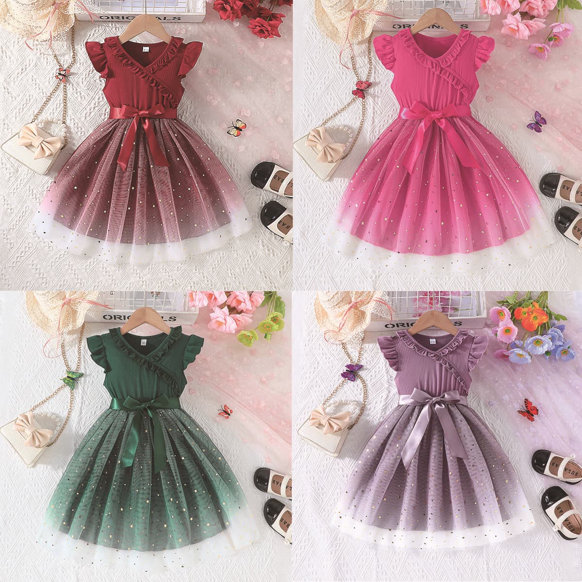 Cross-border Trade Summer Girls' Elegant Ruffle Collar Sequin Mesh Waistband Dress