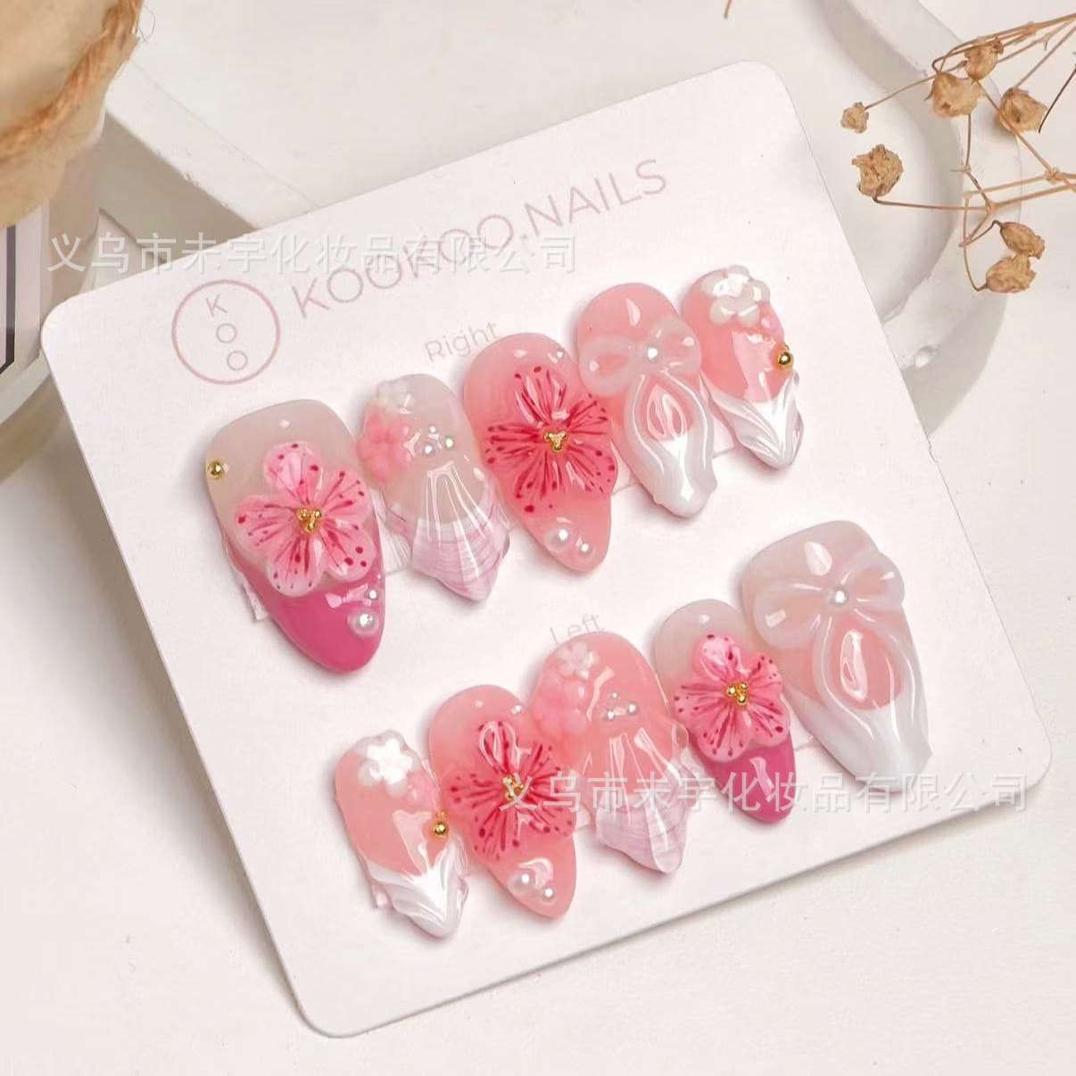 High-Quality Cherry Blossom Pink French-Style Resin Fish Tail Wearable Nails, Ultra-Short Almond-Shaped, Popular on Instagram, Cross-Border Hot-Selling Nail Stickers