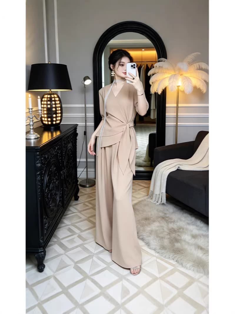 Plus Size Women's Summer New Fashion Set, Irregular Waist Tie Wide Leg Pants Two-Piece 2590