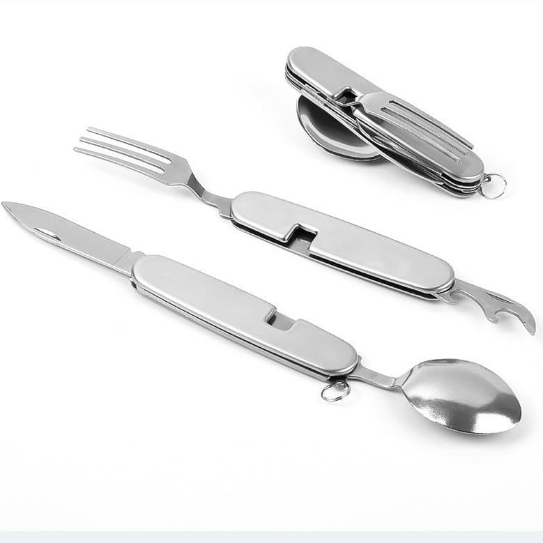 Manufacturer Stock Outdoor Stainless Steel Foldable Knife Fork Spoon Small Four-in-One Multi-functional Camping Cookware