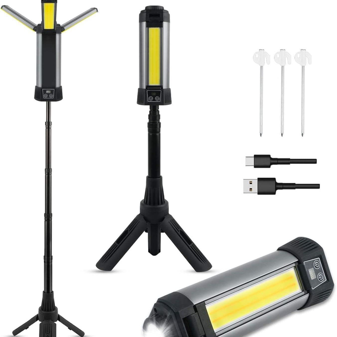 High-Luminance Work Light with COB, Built-in Battery, Magnet, Multi-function USB Charging, Power Display, and Stand Flashlight