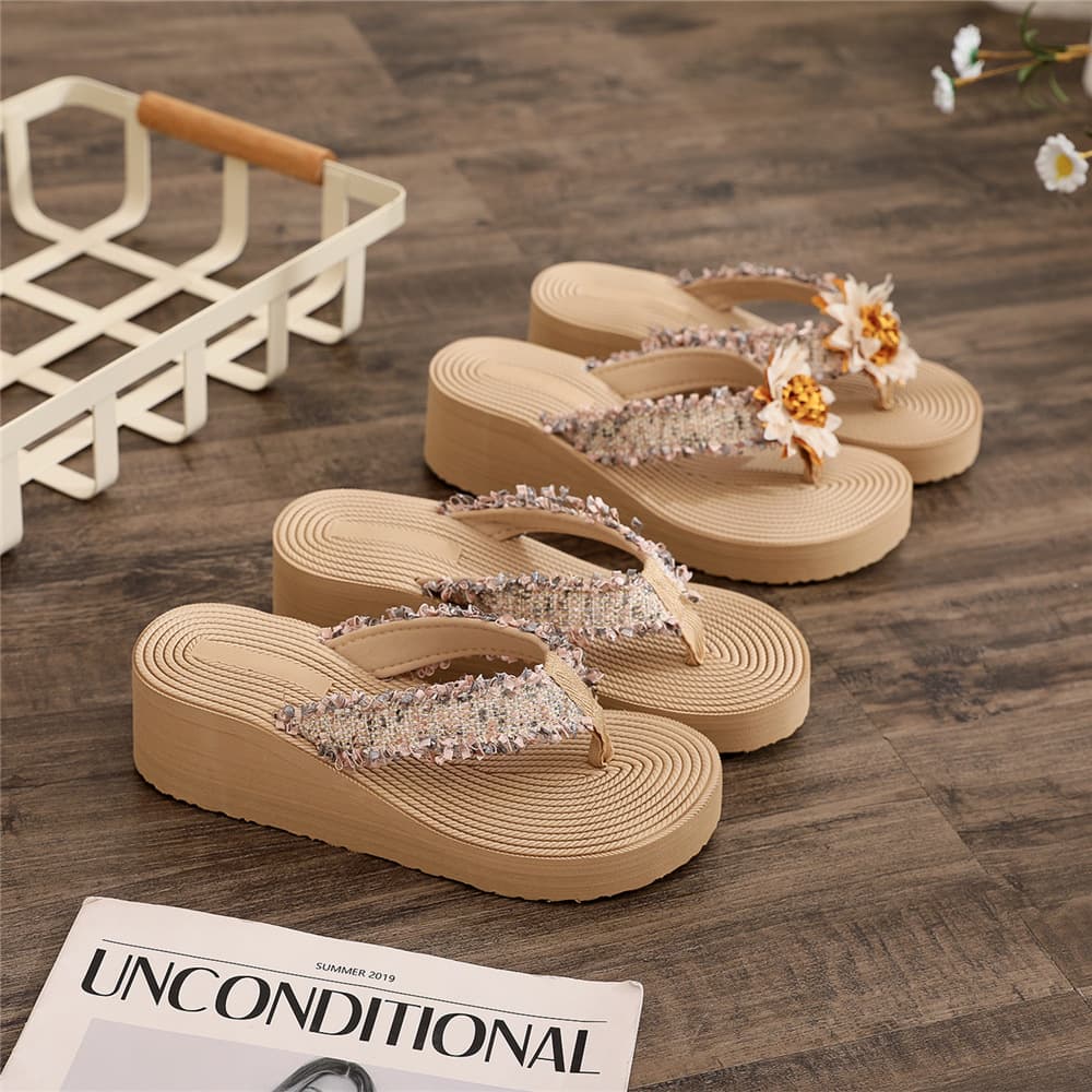 Bohemian Small Fragrance Style Imitation Straw Rope Applique Herringbone Sandals Summer Slippers Women's Outdoor Wedge High Heel Beach Shoes