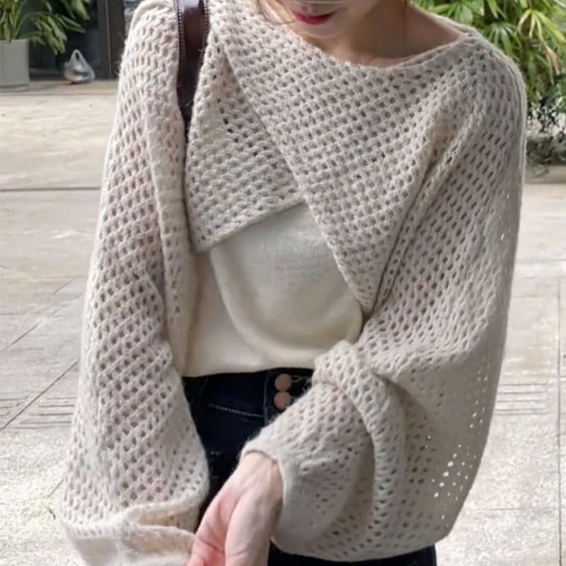 High-End Hollow Out Versatile Long-Sleeve Top Autumn Style Niche Elegant Shawl Knitwear Slimming Two-Piece Set Cover