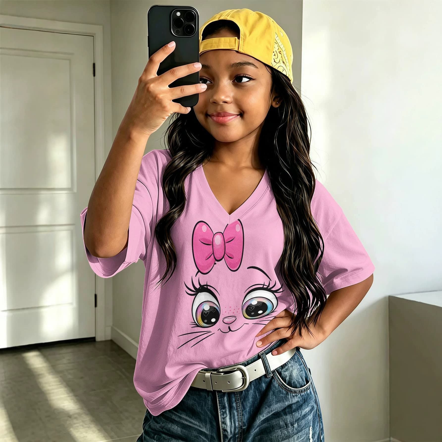 Cross-border Supply Summer Girls V-Neck Short Sleeve Pink Cartoon Cat Print T-Shirt Children Casual Top Wholesale