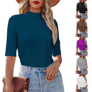 Large Stock Women's Mandarin Collar Top Off Shoulder Short Knit Tight Stretchy Sexy Formal Casual T-Shirt