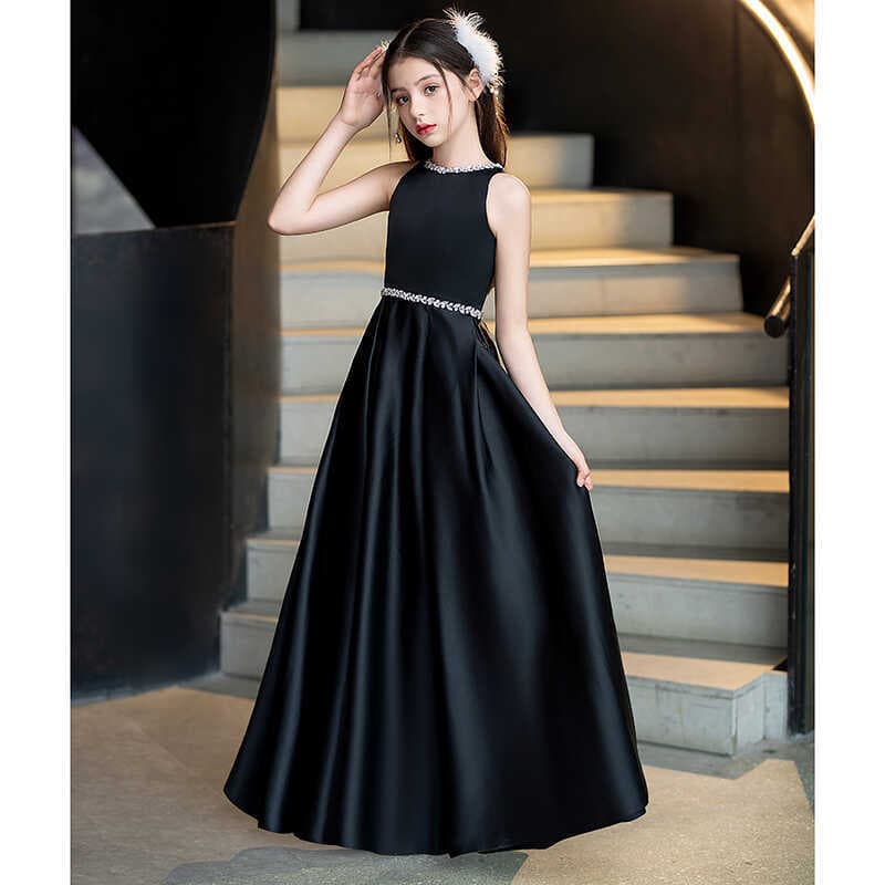 Black Satin Evening Gown Violin Performance Dress Little Hostess Girl Simple Daily Wear Birthday Party Dress