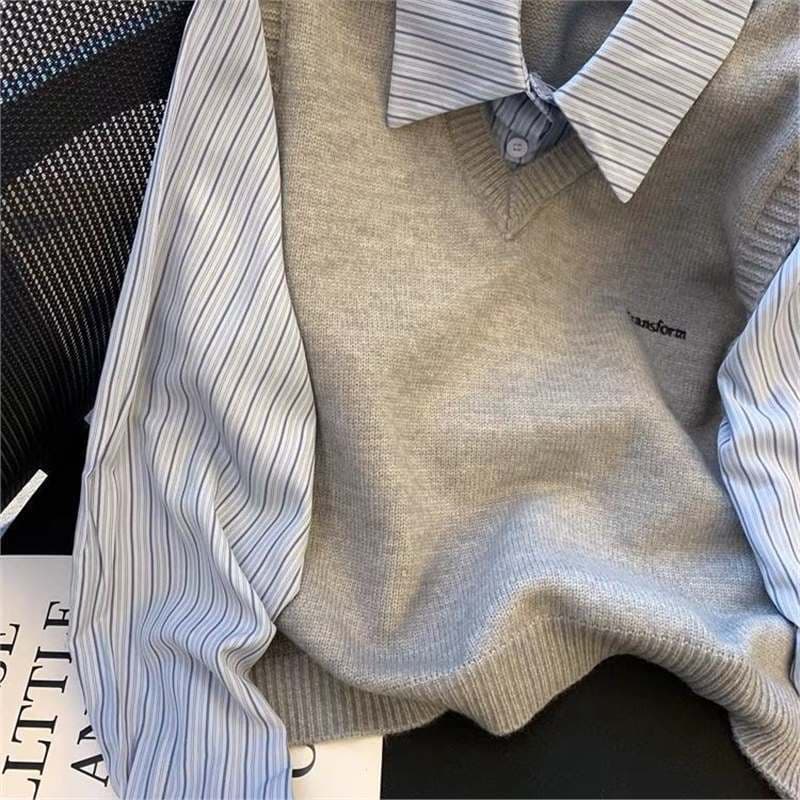 Gray Knitted Sweater Vest Patchwork Fake Two-Piece Striped Shirt Women Korean Style Outfit Polo Cardigan Top Spring