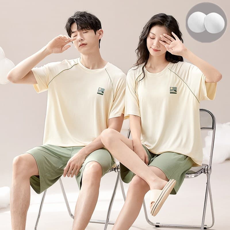 2025 summer pajamas with chest pads for couples modal short-sleeved two-piece set spring and summer solid color men's soft home clothes