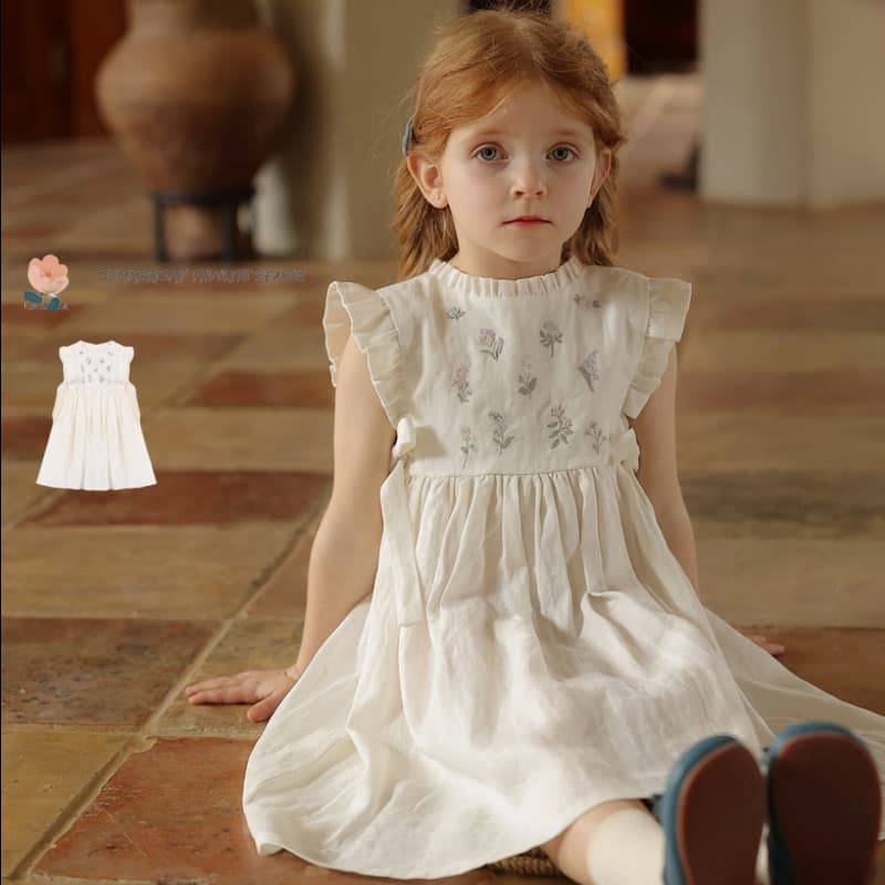 In Stock ~ 2026 Girls Pure Linen Embroidered Floral Dress Baby Summer Stylish Long Dress Children's Trendy Skirt