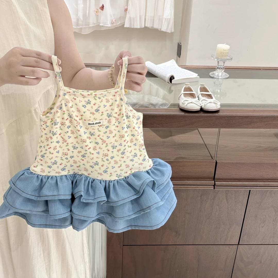 Tian Xiaosi - French Girls Summer Floral Dress Patchwork Denim Cake Ruffle Doll Dress Strapless Dress