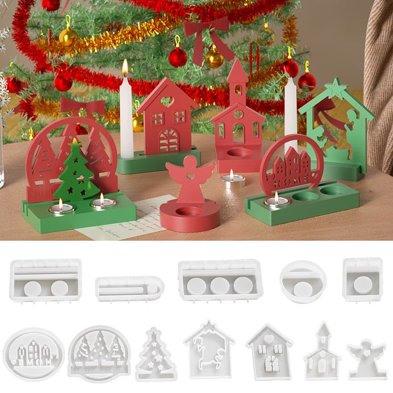 Colorful DIY Resin Plaster Porous Rectangular Candle Holder Mold Heart-Shaped House Christmas Tree Ornament Silicone Mold