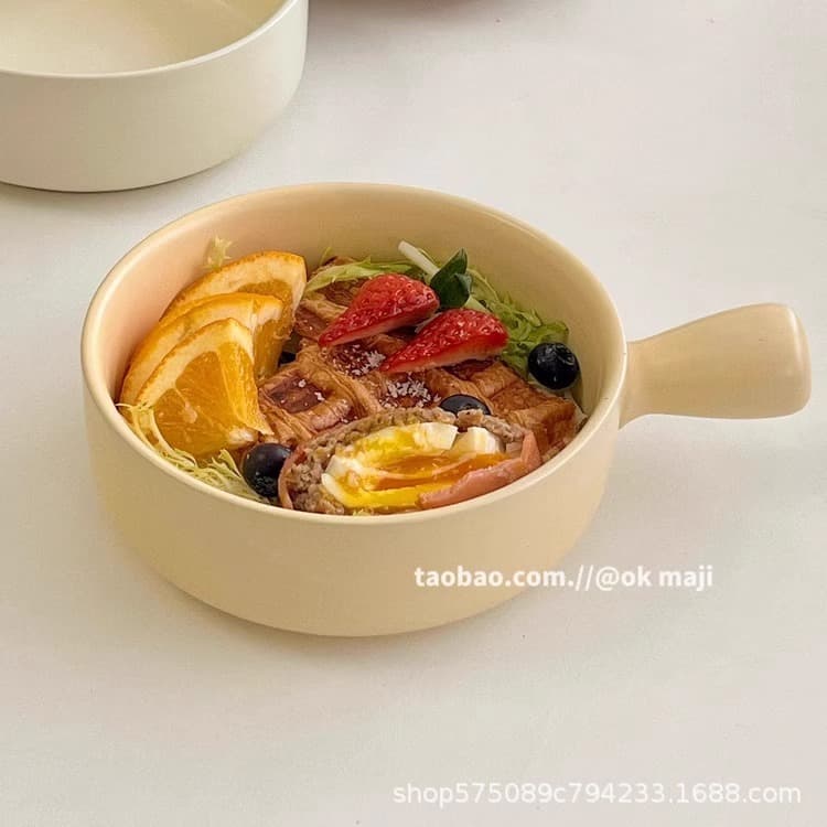 OK Maji Ceramic Handle Bowl, Ins-Style Tableware, Home Baking Bowl, Luosifen Soup Bowl with Lid, Special Bowl for Instant Noodles