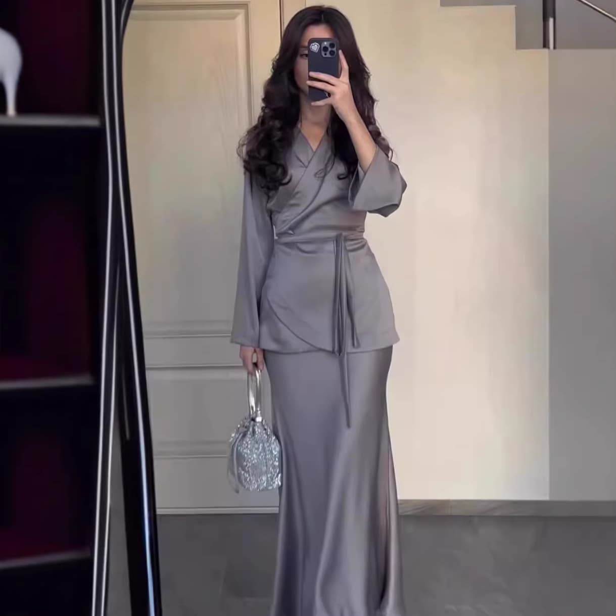 Women's Waist-Highlighting Long Skirt Set, New Foreign Trade Style, Satin Patchwork, Spring 2026, European and American Design, Amazon