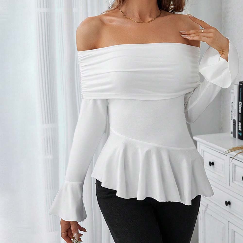 2026 Cross-Border Women's Fashion Mature Intellectual Style T-Shirt Spring and Summer Off-Shoulder Slim Fit Figure-Flattering Elegant Top