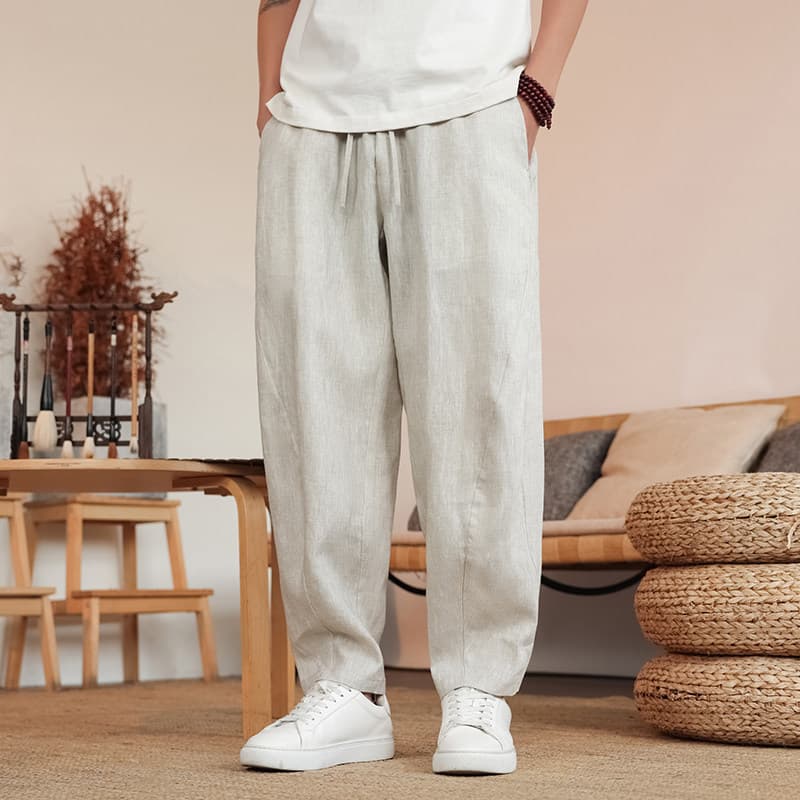 100% Linen Lightweight Wide-Leg Harem Pants for Men, Loose Casual Trousers, New Chinese Style Lantern Nine-Point Pants