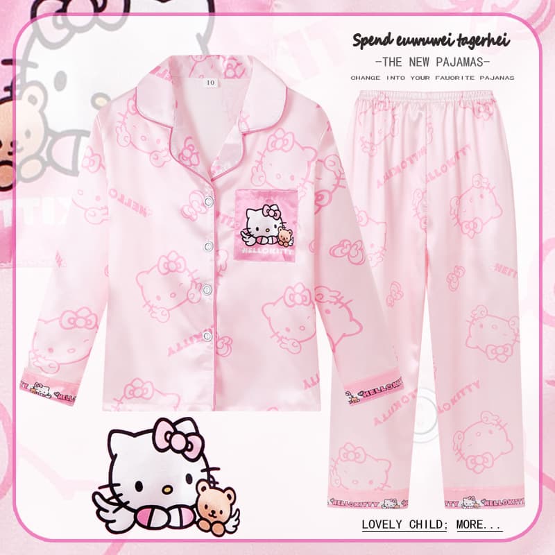 Kids' Ice Silk Pajama Set New Girls' Thai Pajamas Long Sleeve and Pants Loungewear Children's Clothing Wholesale