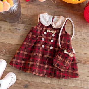 2025 New Winter Autumn Dress for Girls, Baby Velvet Red Plaid Little Fragrance Style Vest Dress, Fashion