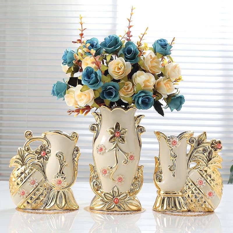 [Hot Selling Cross-Border] Ceramic Countertop Vase European Style Living Room Flower Arrangement Creative Simulation Decoration Set
