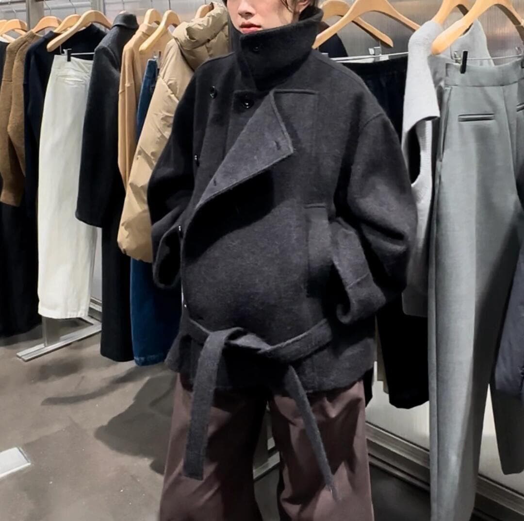 lemair* lapel woolen coat, short coat, black strappy bathrobe, waist thickened loose top
