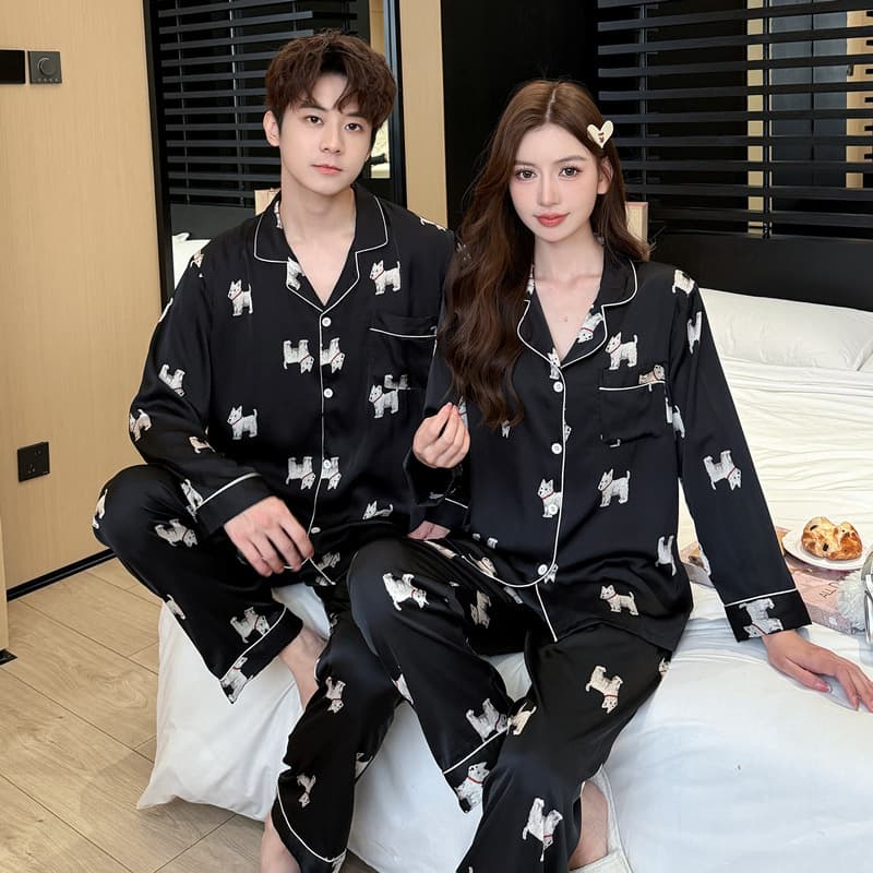 Couple New Fashion Trendy Premium Ice Silk Long Sleeve Cardigan Pajama Set for Men and Women with Dog Print Homewear
