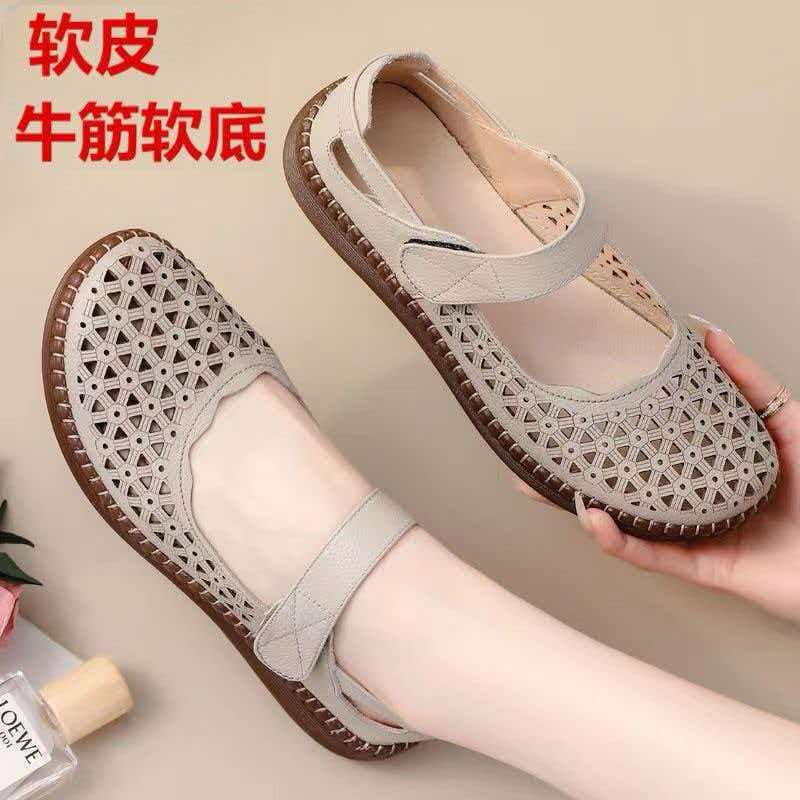 Genuine Leather Sandals with Cowhide Sole, Breathable and Slip-Resistant, Soft Sole for Middle-Aged and Elderly Women, Anti-Slip, Anti-Odor, Hollow Hole Shoes