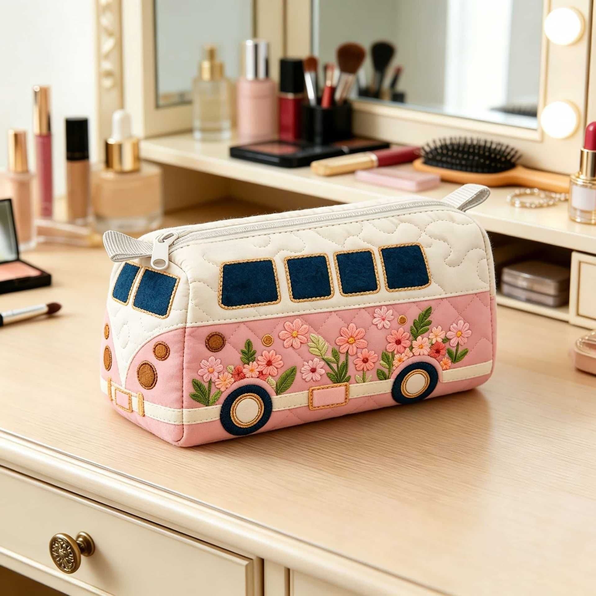 Independent station Temu Amazon bus series hippie style 3D printed cosmetic bag travel portable storage