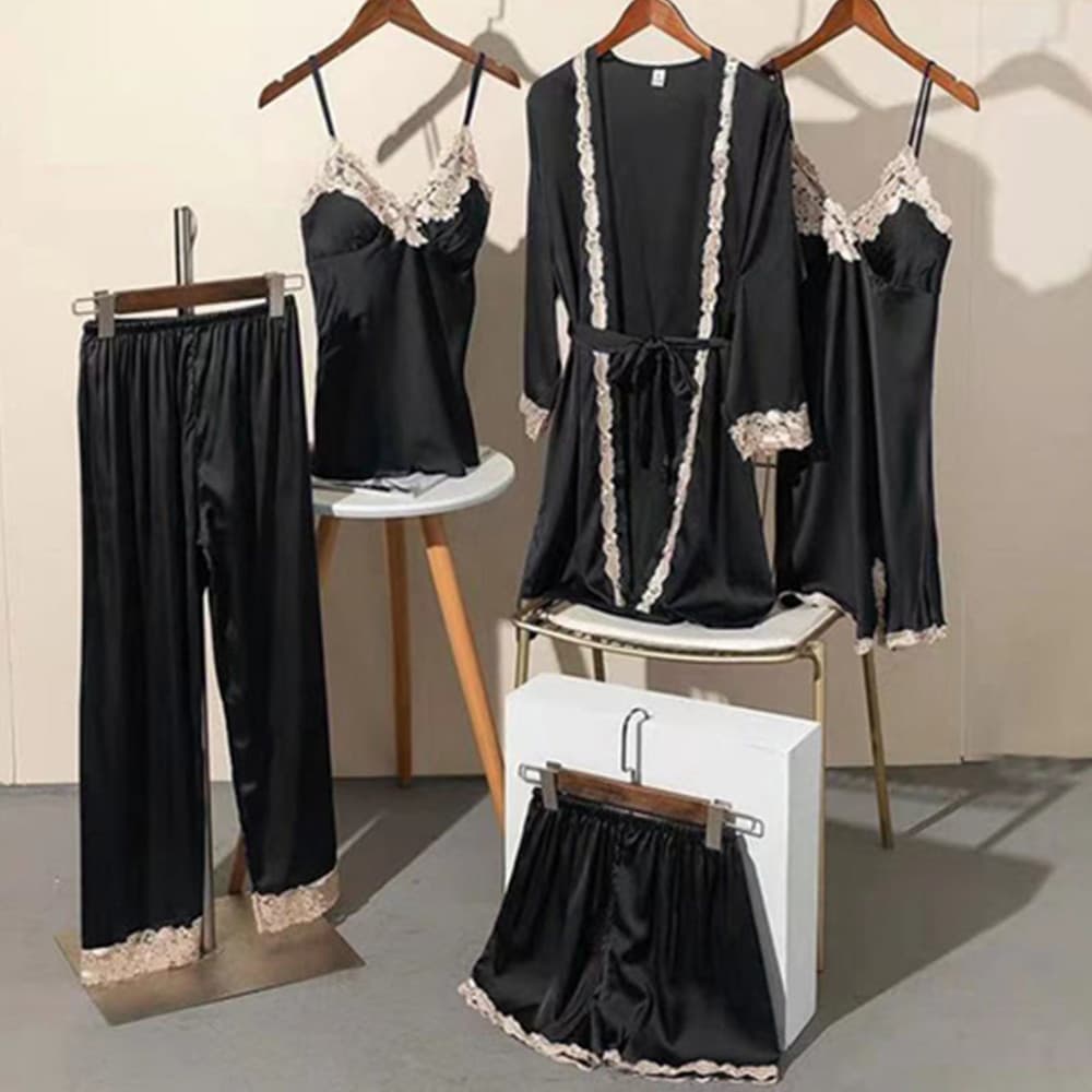 Sexy Lace Sleepwear Homewear Ice Silk Women's Five-Piece Set Floral Nightgown Autumn Bride Morning Robe Wholesale