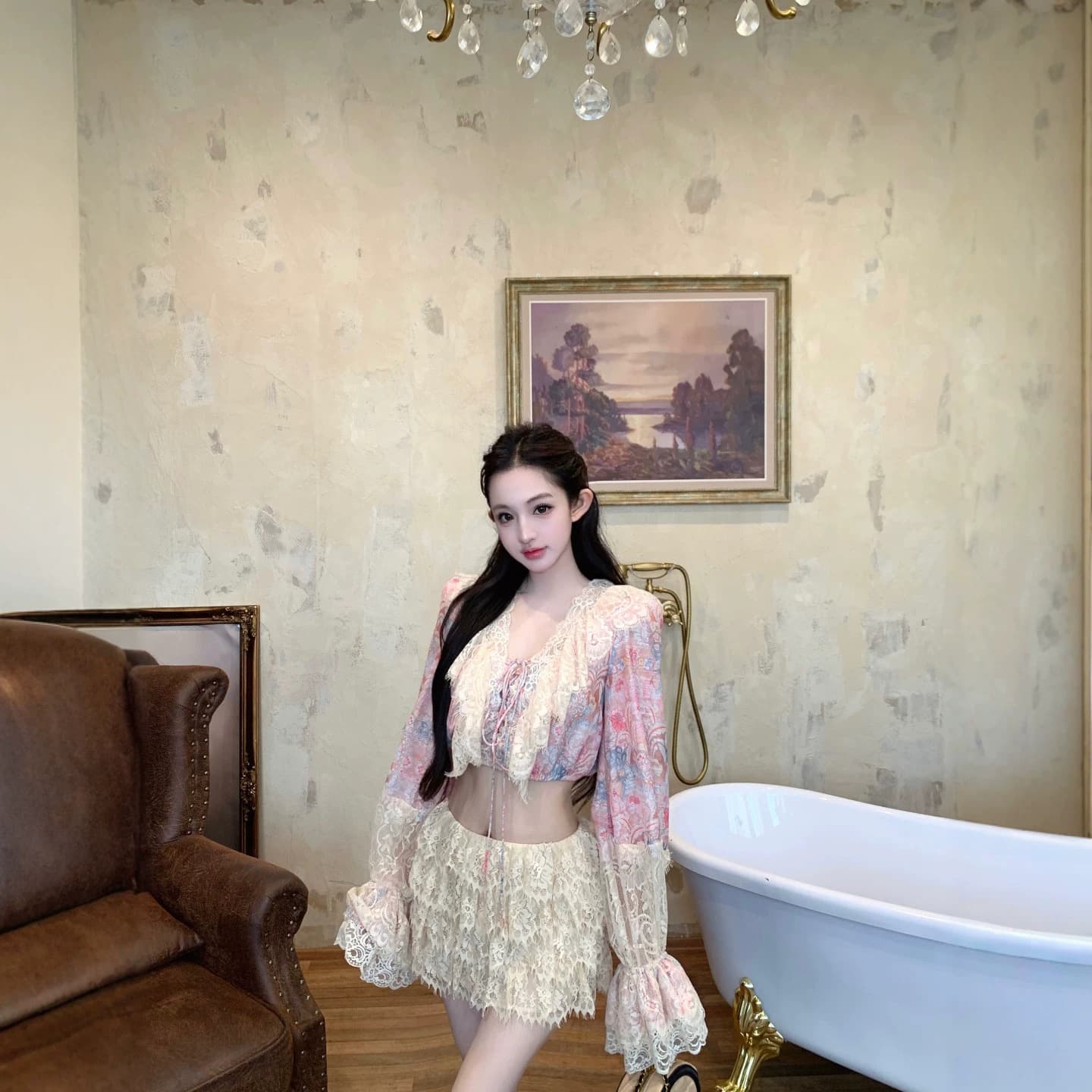 Sweet Girl Style Lace Paisley Short Blouse for Women, Summer Retro Set Apricot High-Waist Cake Mini Skirt Two-Piece Set