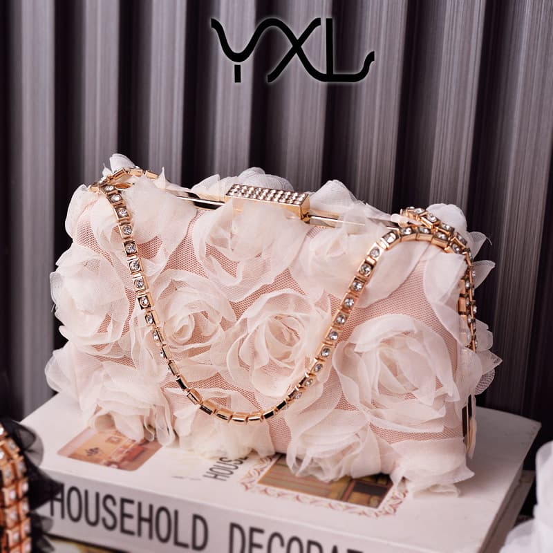 Strictly Selected Cross-Border Factory Direct Chiffon Colorful Flower Evening Bag Champagne Women's Cheongsam Bag Party Bags