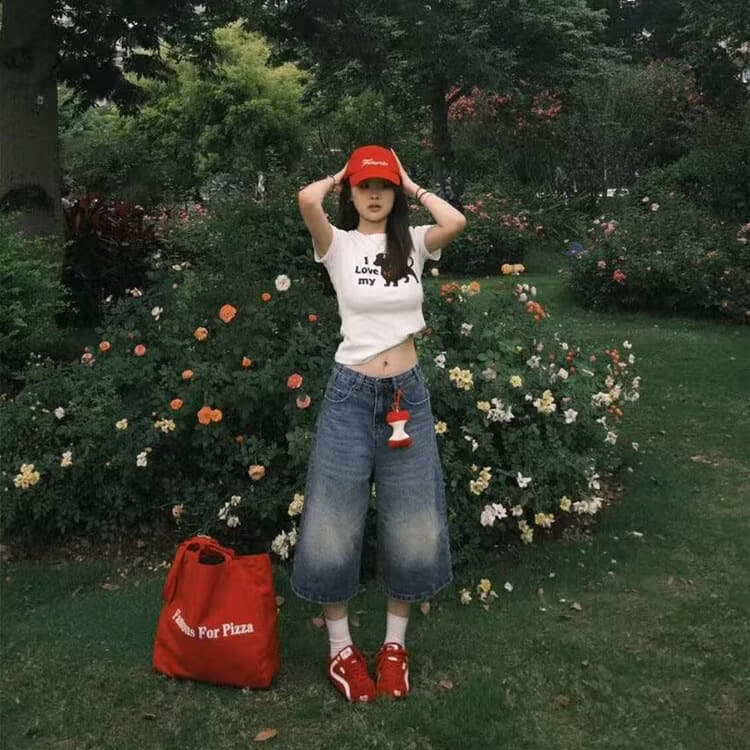 American Casual Denim Capri Pants for Women Summer Retro Designer Trendy Petite Slimming Straight-Leg Wide-Leg Pants