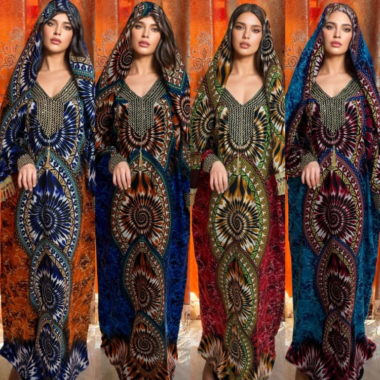 AH8883# New Loose Webbing Long Sleeve Rhinestone Fringe Headscarf Rayon Double-Sided Print Robe