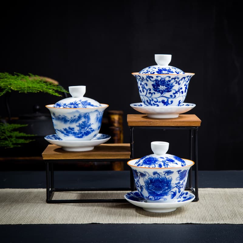 Blue and White 180ml 4.0 Large Ceramic Tea Lidded Bowl Creative Tea Ceremony Bowl Gongfu Tea Set Sweet White Porcelain Three-Talent Lidded Bowl