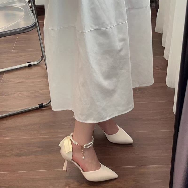 Women's Heels with Pearl Design, Black, Chunky Heel, Versatile, Spring, High Heel Shoes, Hollow Out, Fashionable