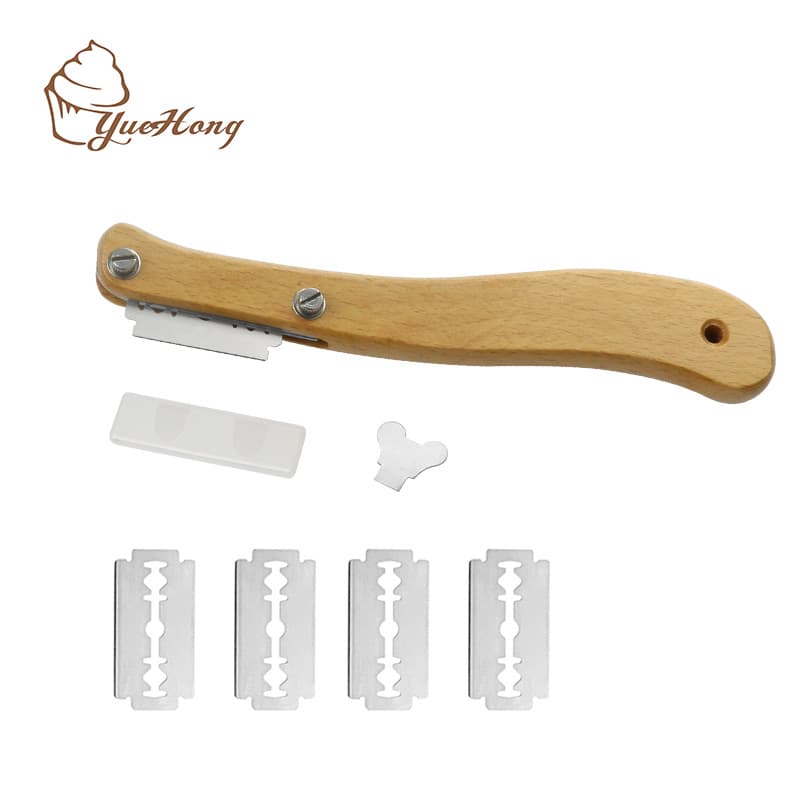 Wooden-handled curved bread scorer, stainless steel dough trimmer, European-style bread/baguette scorer.