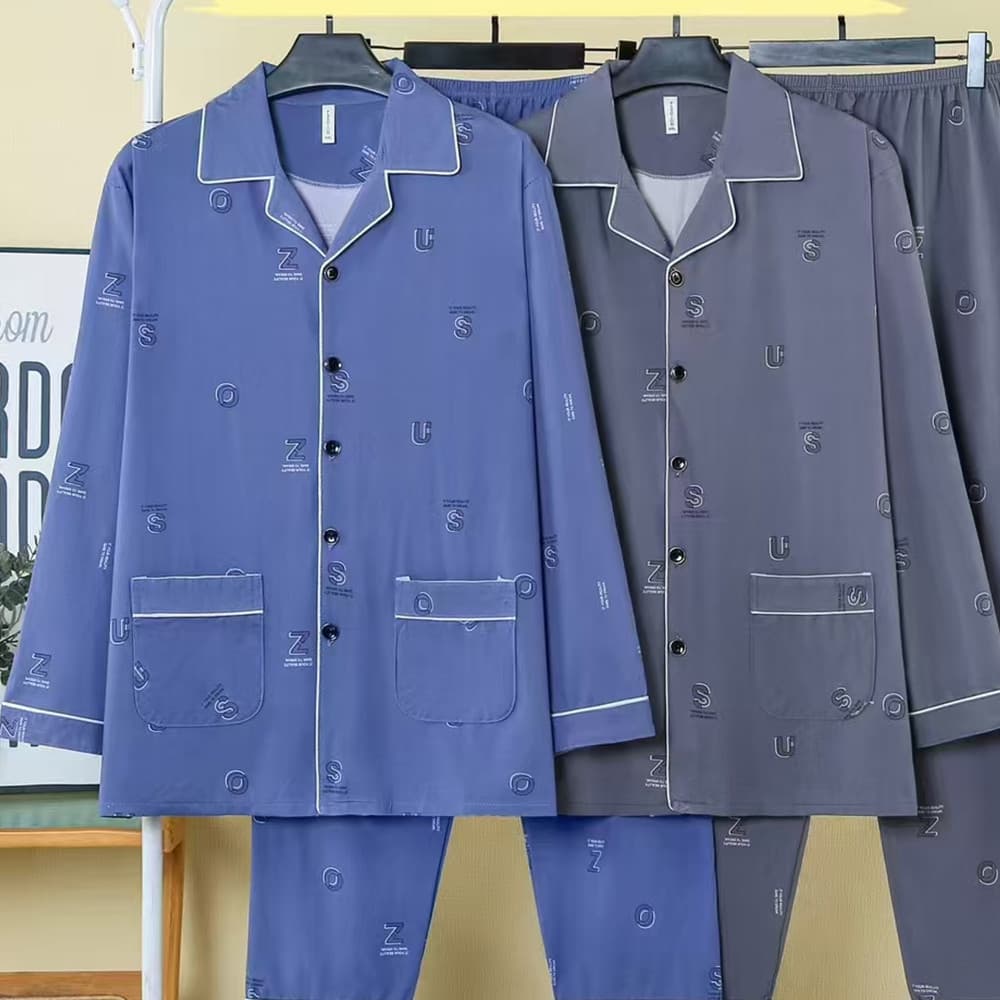 New spring and autumn men's long-sleeved trousers with pull-up imitation cotton lapel cardigan pajamas for men plus size home wear set 5X