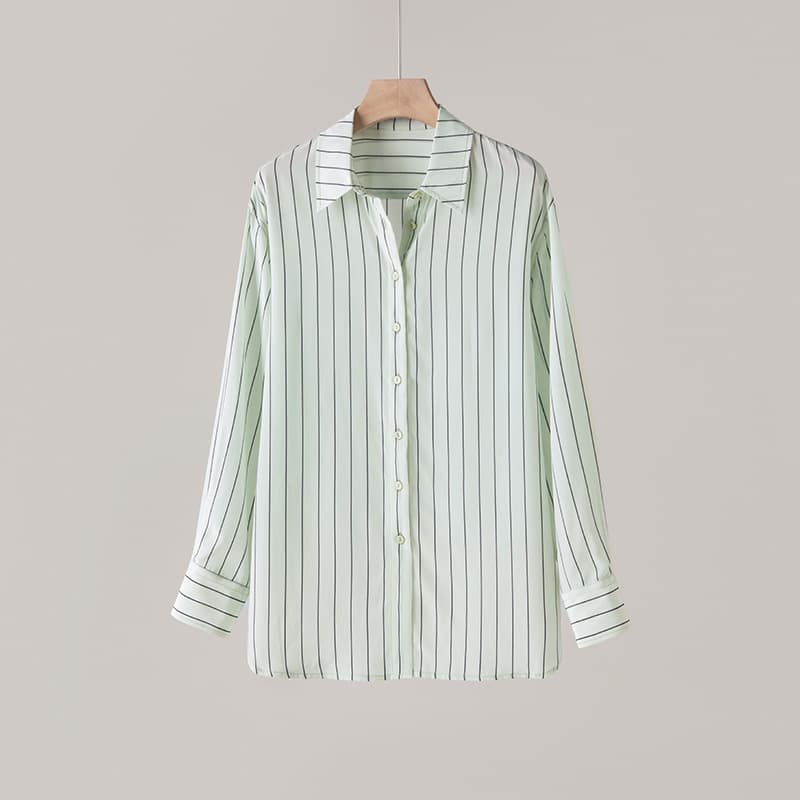 Spring Silk Blouse for Women New Style Striped Shirt Mid-Length Loose Notched Collar Mulberry Silk Commute Top