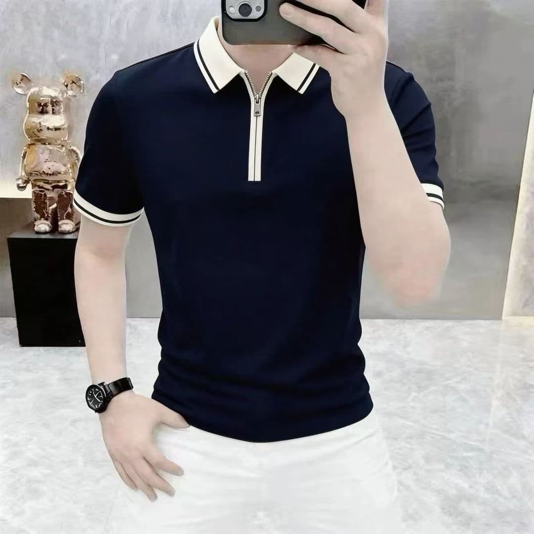 2026 Summer New Popular Men's Zip-Up Color-Block Collar Short-Sleeve Polo Shirt Summer Casual Turn-Down Collar T-Shirt