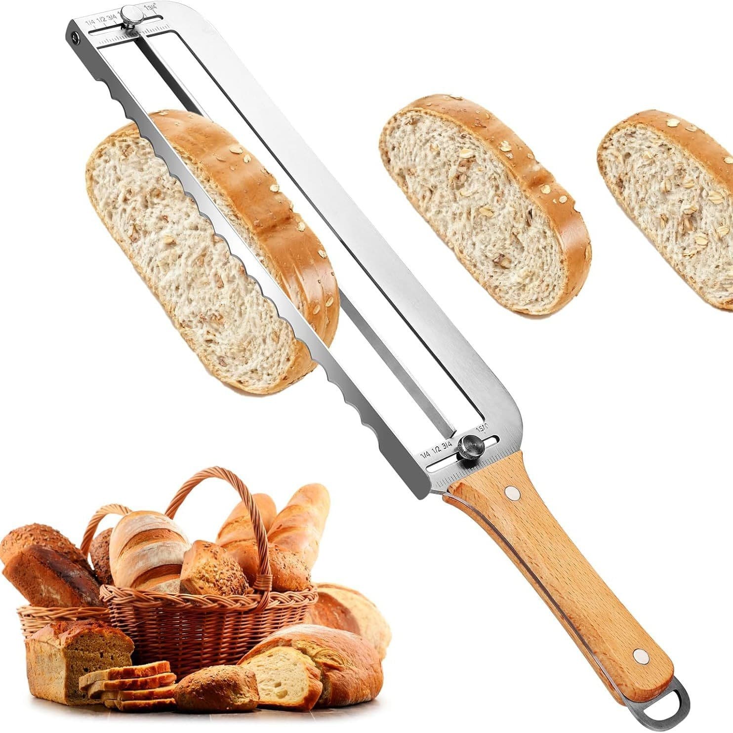 New stainless steel bread slicer household wooden bread slicer serrated knife bread bow knife cutting tool