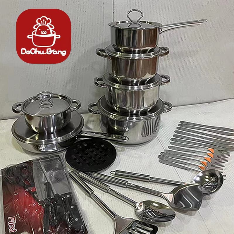 Thickened double bottom stainless steel pot set cross-border supply 15PCS cooking pot combination 35PCS cookware POT