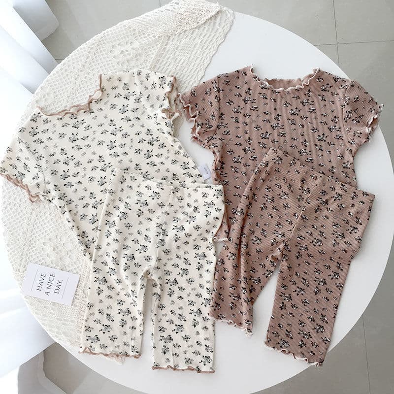 Girls Summer Sleepwear Two-Piece Set Air Conditioned Ice Silk Thin Home Clothes Short Sleeve Children's Set Floral Print Casual Style