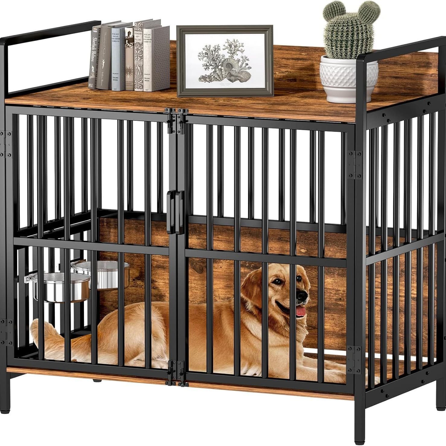 Large Dog Cage Furniture with 360° Adjustable Overhead Feeder, Heavy Duty Dog Furniture, Interior Decorative Dog Kennel